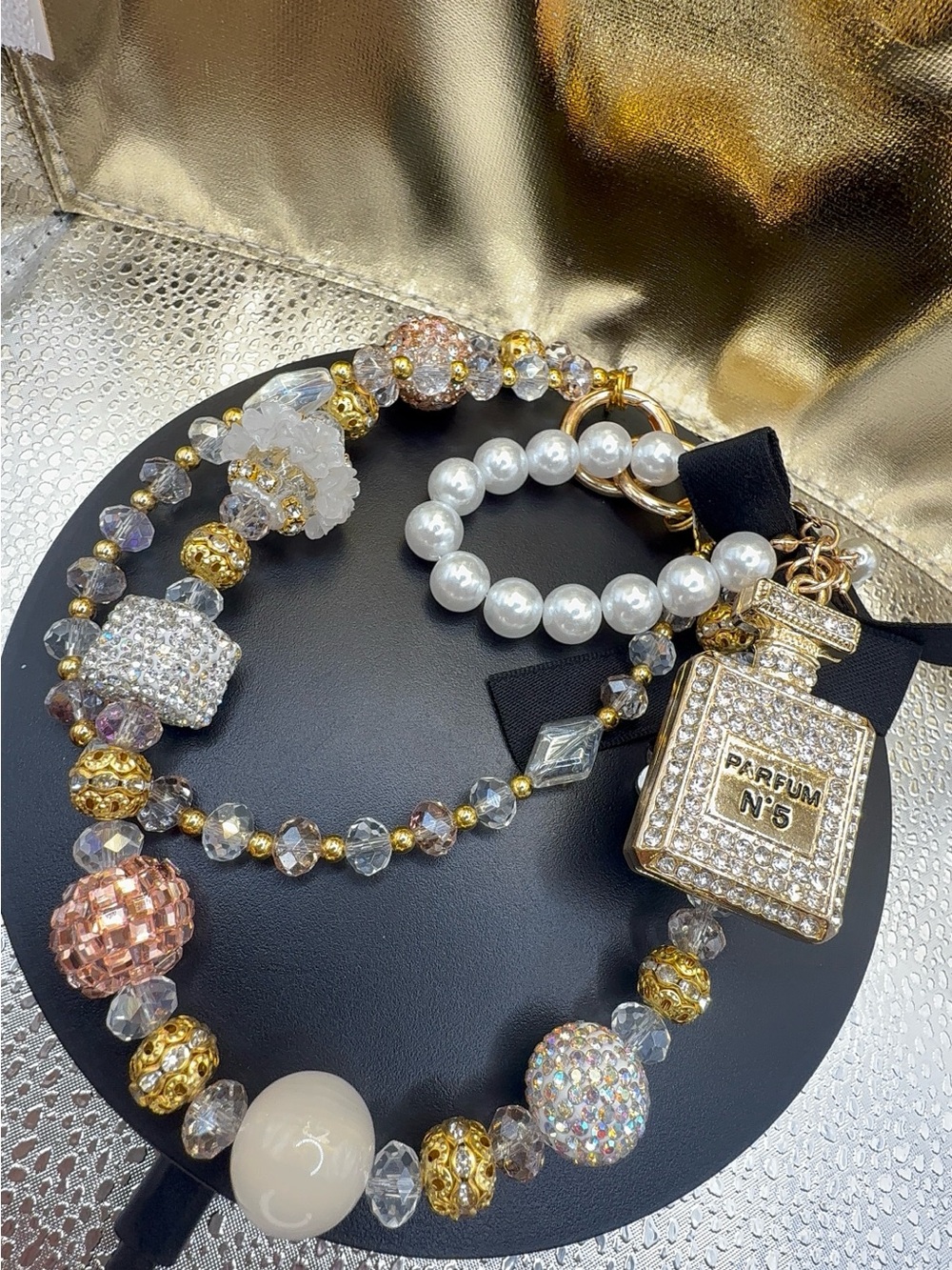 Crystal Bead Parfum N°5 Bag Charm - Gold & Pearl Accents